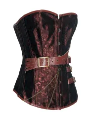 Brown Brocade Steampunk Boned Corset with Leather Strap