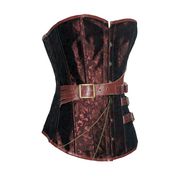 Brown Brocade Steampunk Boned Corset with Leather Strap