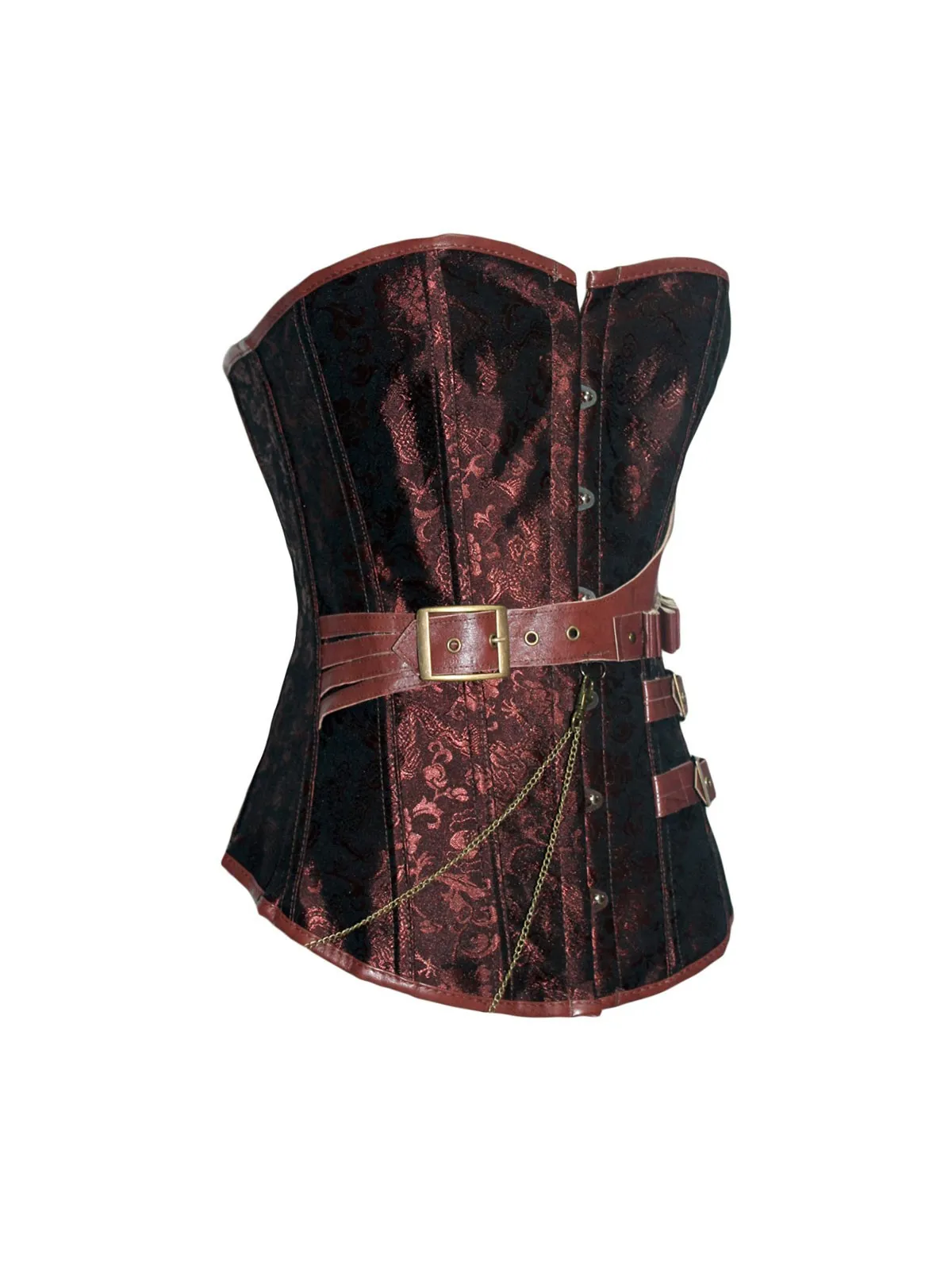 Brown Brocade Steampunk Boned Corset with Leather Strap