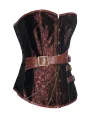 Brown Brocade Steampunk Boned Corset with Leather Strap