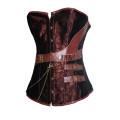 Brown Brocade Steampunk Boned Corset with Leather Strap