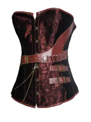 Brown Brocade Steampunk Boned Corset with Leather Strap