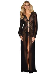 Sheer Long Sleeve Lace Robe with Thong