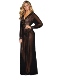 Sheer Long Sleeve Lace Robe with Thong