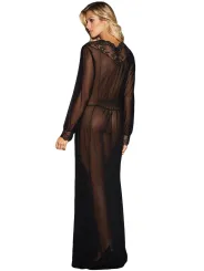 Sheer Long Sleeve Lace Robe with Thong