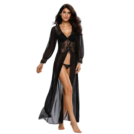 Sheer Long Sleeve Lace Robe with Thong