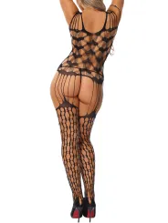 Bodystocking Shredded Shoulder Heart Pattern Hollow-out