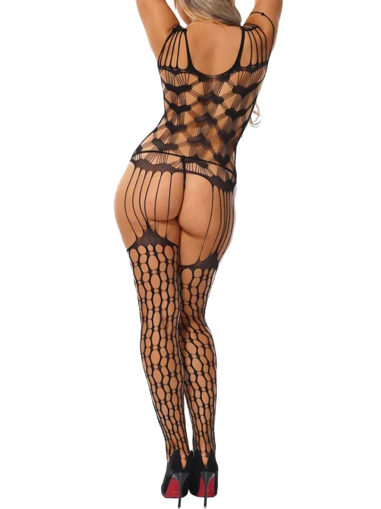 Bodystocking Shredded Shoulder Heart Pattern Hollow-out