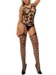 Bodystocking Shredded Shoulder Heart Pattern Hollow-out