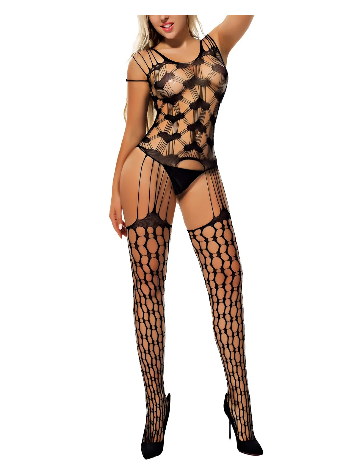 Bodystocking Shredded Shoulder Heart Pattern Hollow-out