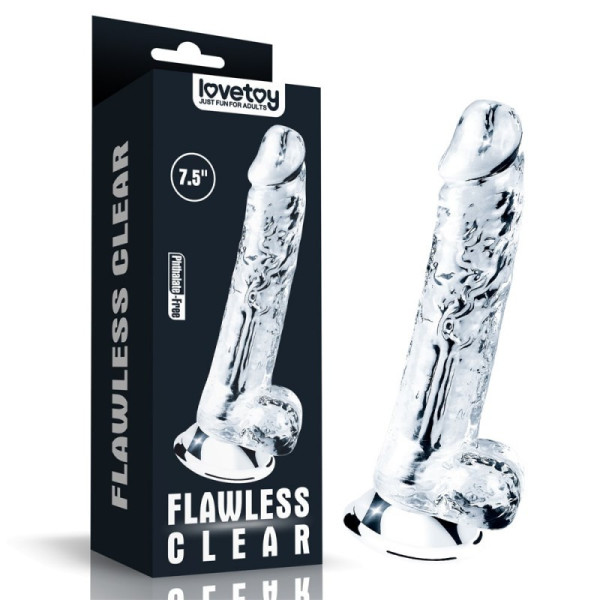Lovetoy 7.5'' Flawless Clear Dildo - priesvitný penis s prísavkou a semenníkmi
