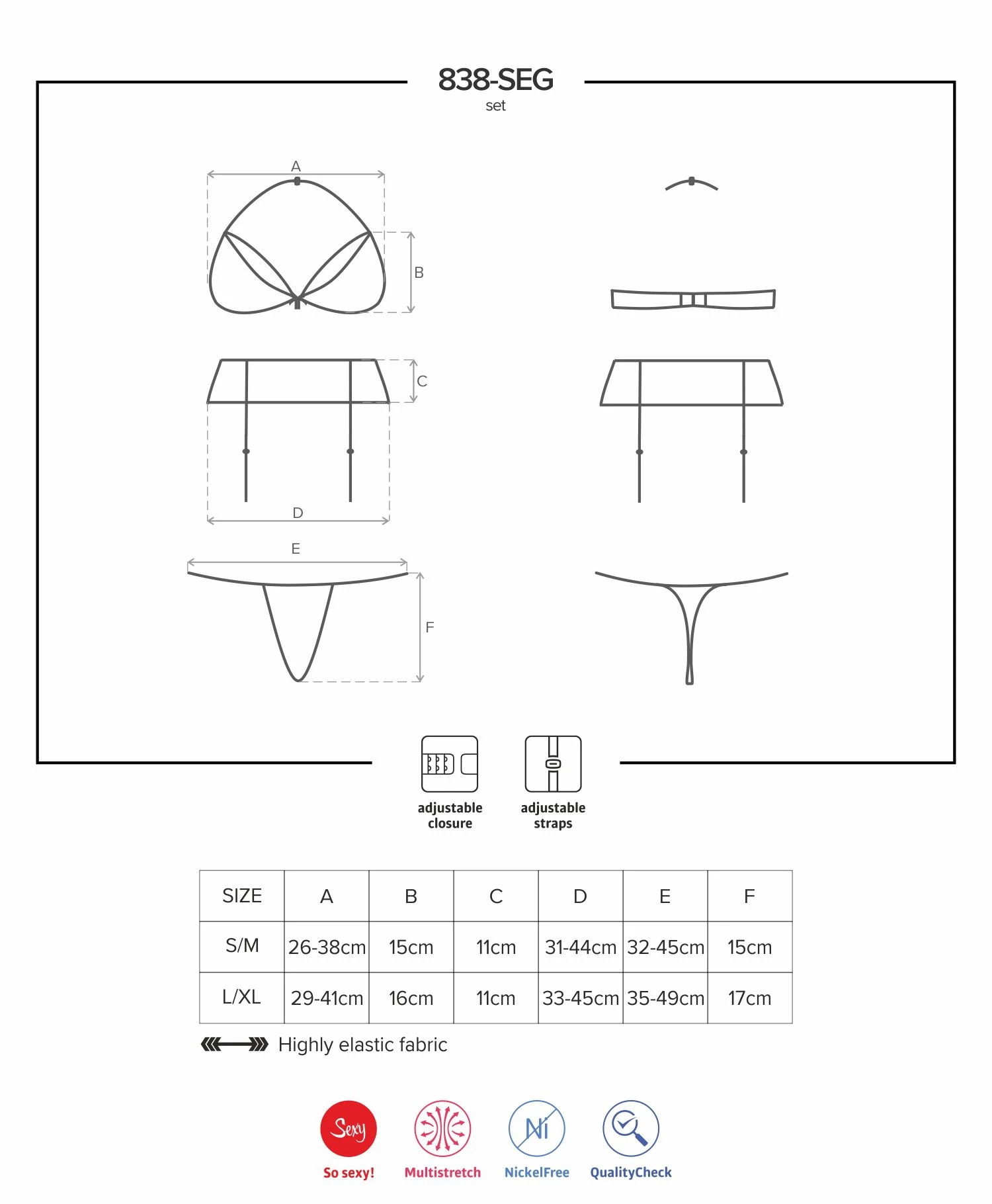 Súprava spodnej bielizne OBSESSIVE 838-SEG-3, tangá, podprsenka a podväzkový pás